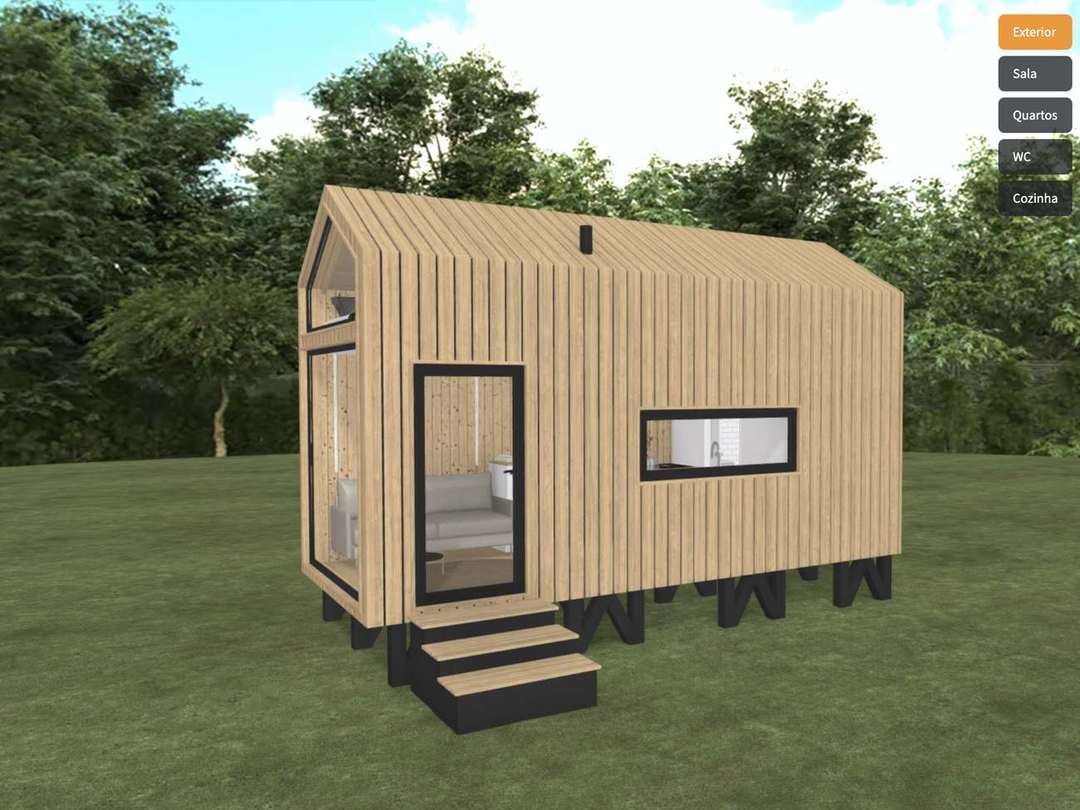 The sample tiny house, natural pine cladding, on grass